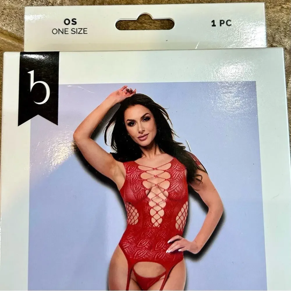 Baci Women’s Corset Front Suspender Fishnet Bodystocking Lingerie Red New